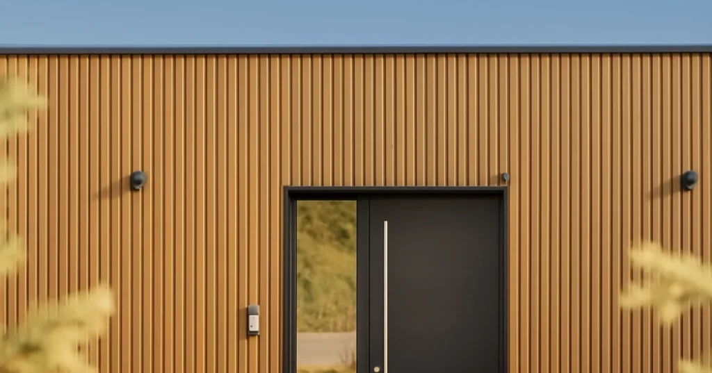 Facade en bardage bois composite clair sur une maison moderne