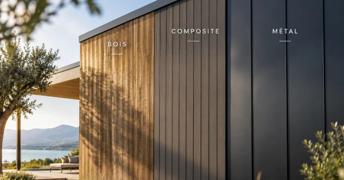 Façade présentant côte à côte un bardage bois, un bardage composite et un parement métallique