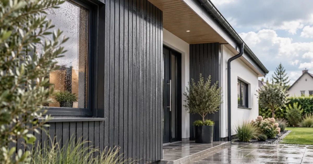 Façade de maison en bardage vertical sombre sous la pluie, avec sol mouillé et végétation
