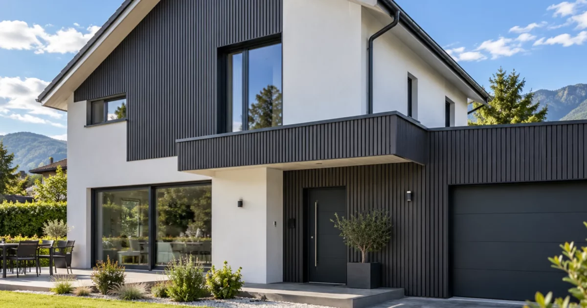 Maison moderne associant un bardage extérieur sombre et un enduit blanc, entourée d'un jardin