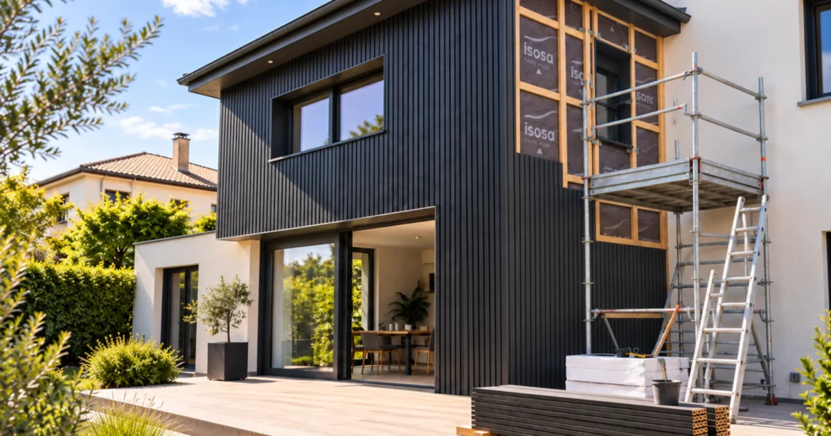 Chantier de pose de bardage extérieur avec isolation, pare-pluie et échafaudage sur une maison